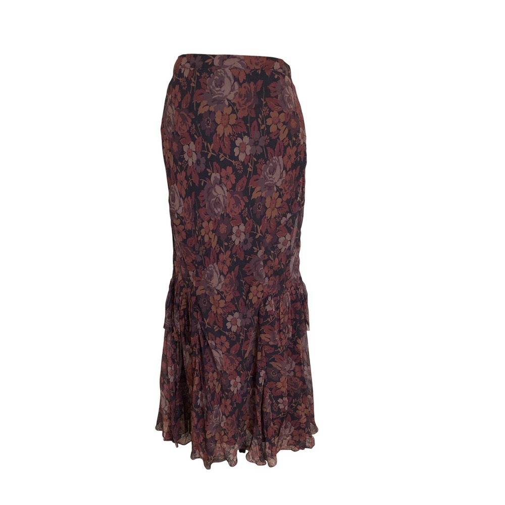 Polo Ralph Lauren Floral Viscose Maxi Pencil Skirt Tiered Ruffle Hem Burgundy 8